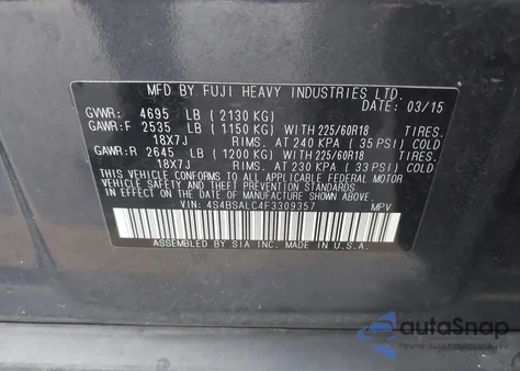 2015 Subaru Outback 2.5I Limited z USA, uszkodzony, nr VIN 4S4BSALC4F3309357